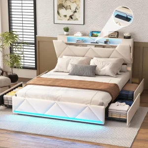 Upholstered Platform Bed Frame with Storage Headboard. Includes 4 Drawers, Charging Station and Led Lights