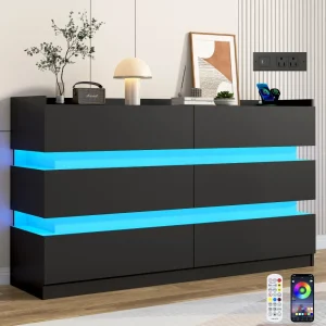 6 Drawer Dresser with 60000-color LED Lights & Power Outlet.  Handle Free.