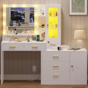 Makeup Vanity with Lights & Charging Station and Ambient Light.