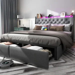Queen Size Platform Bed Frame with Upholstered Headboard, 2 Storage Drawers and Charging Station and LED lights.