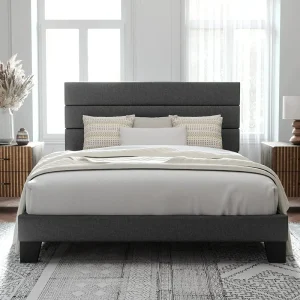 Queen Size Platform Bed Frame with Fabric Upholstered Headboard, No Box Spring Needed, Quick Assemble