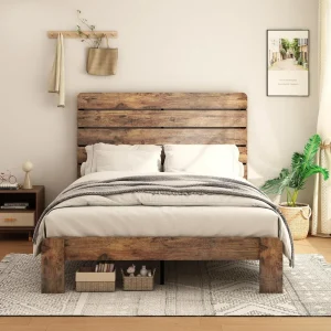 Wood Platform Bed Frame with Rustic High Headboard