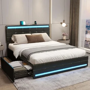 Upholstered Platform Bed frame with Headboard, Footboard, LED lights with 4 Storage drawers and 2 USB ports