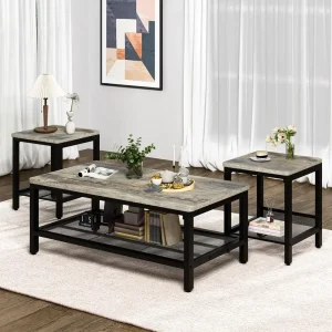 Industrial Coffee Table with 2 Square End Tables. Metal Frame