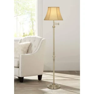 Traditional Adjustable Swing Arm Floor Lamp Standing 60" Tall. Antique Brass Metal Column with Golden Tan Bell Shade