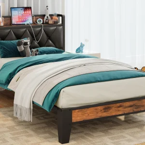 Twin, Queen or California King platform bed frame with Storage Headboard. Outlets & USB ports