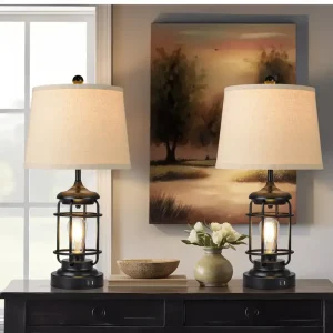 2  Farmhouse Table Lamps With Bulbs, Bright Rotary Switch Top Light + Touch Control Dimmable Nightstand Light.