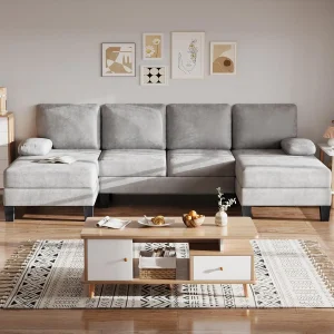 U Shaped Sectional Sofa with Chenille Fabric.
