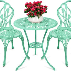 3-Piece Outdoor Rust-Resistant Cast Aluminum Patio Bistro Set w/Tulip Design, Antique Finish - Teal