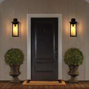 Set of 2 Modern Outdoor Wall Sconces with Black Metal Frame and Clear Glass